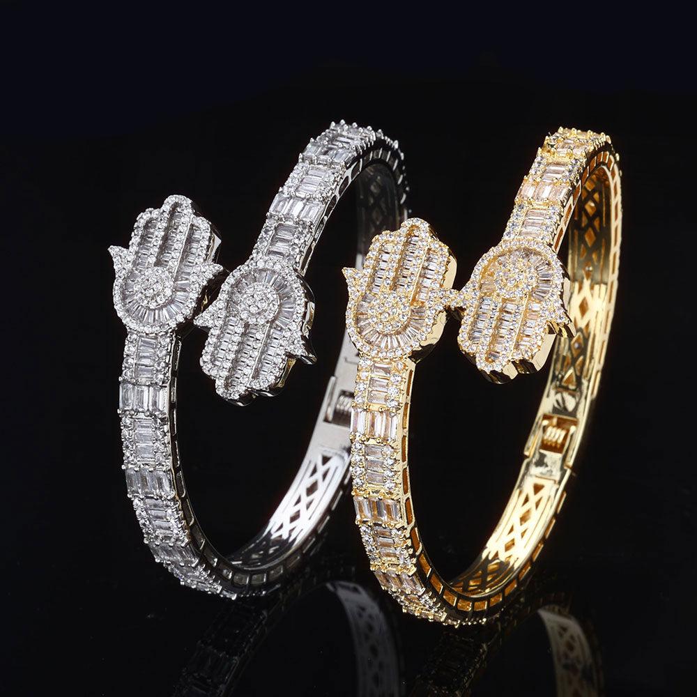 Iced Out Hamsa Hand Bangle Bracelet with Baguette CZ