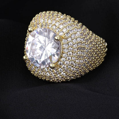 Iced Out 18K Gold Plated Big Round Diamond CZ Hip Hop Ring