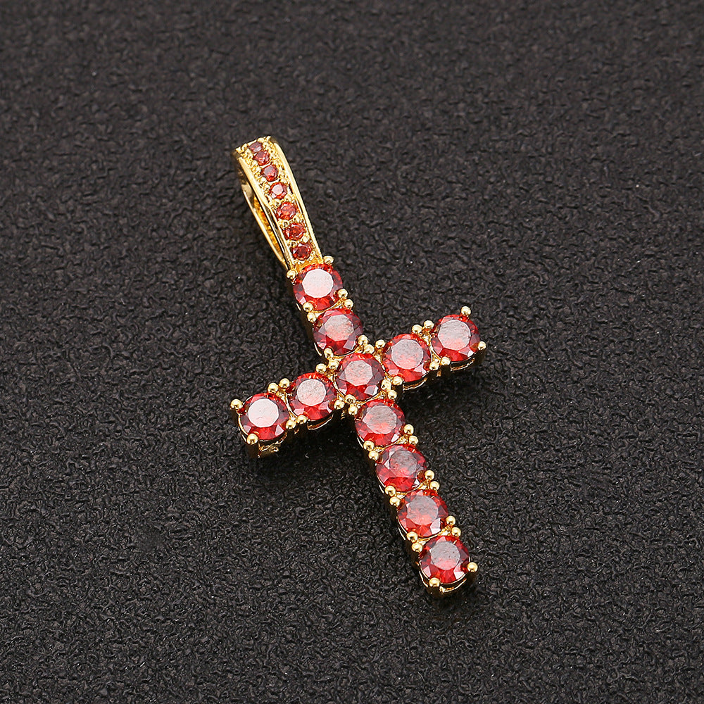 18K Gold Iced Out Diamond Cross Pendant with Red Zircon