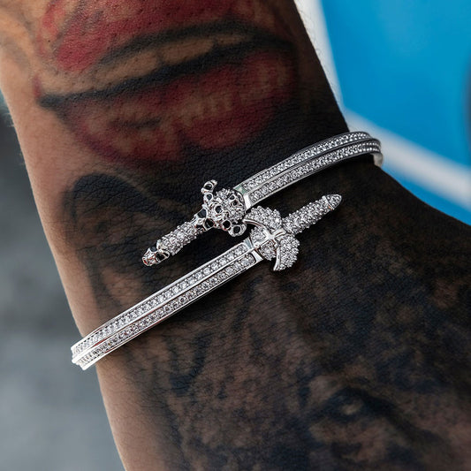 Iced Out Sword Shape Bangle with Skull Cross Cuff Bracelet