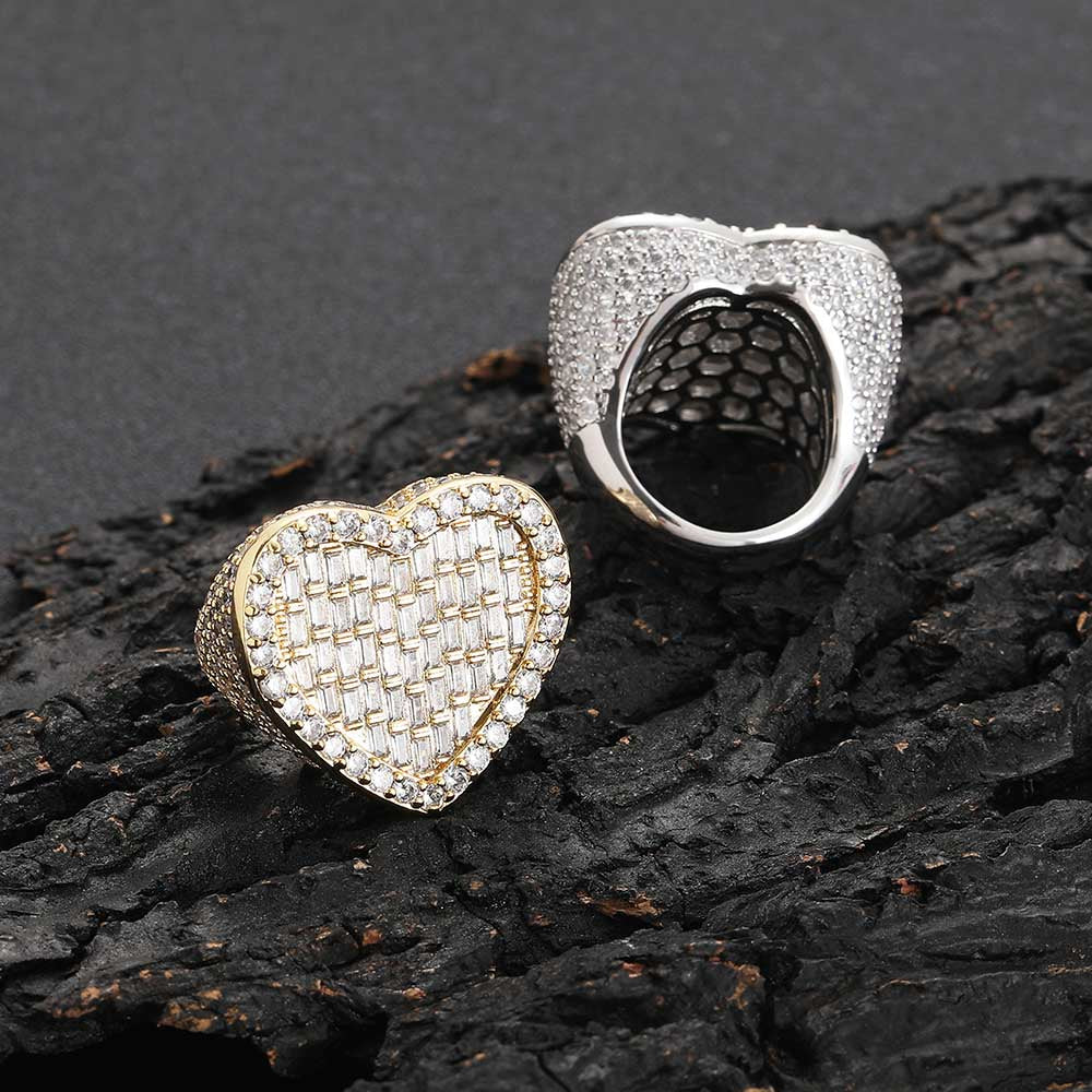 Iced Out Baguette Heart Ring with CZ Stones