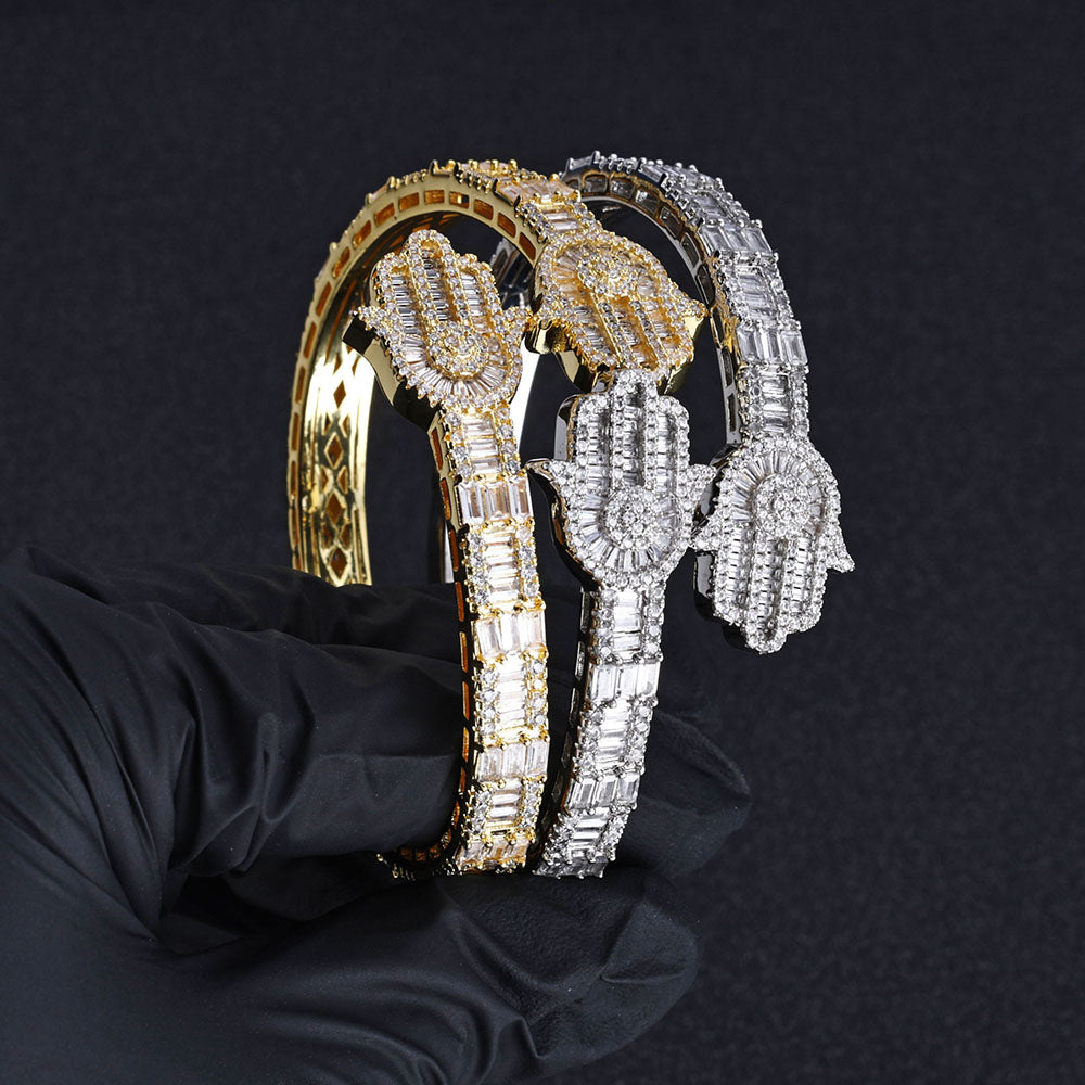 Iced Out Hamsa Hand Bangle Bracelet with Baguette CZ