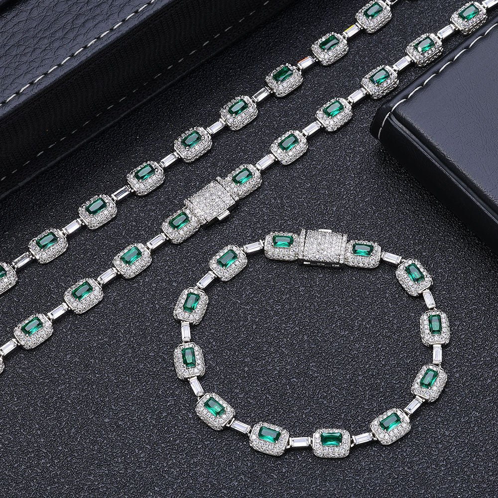 Silver Green Baguette Diamond Chain Bracelet