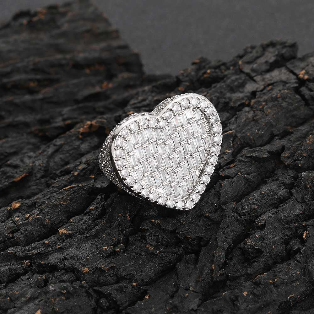 Iced Out Baguette Heart Ring with CZ Stones