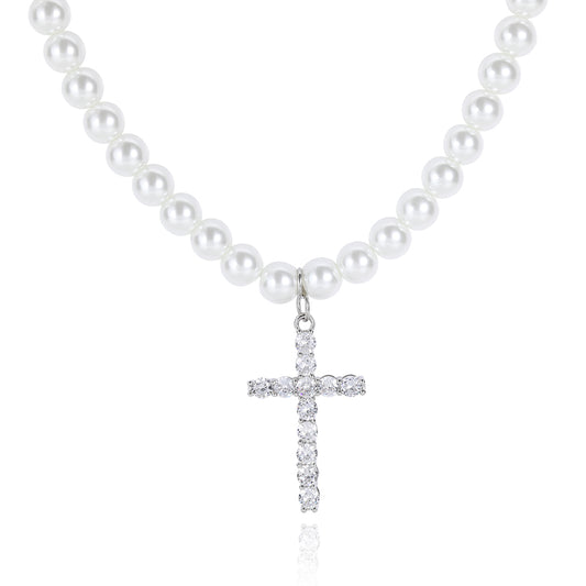 Pearl Necklace with Iced Out Cross Pendant