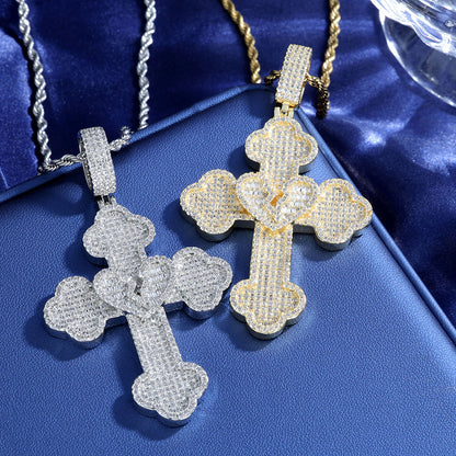 925 Silver Heart Cross Pendant VVS Moissanite Iced Out Hip Hop Necklace