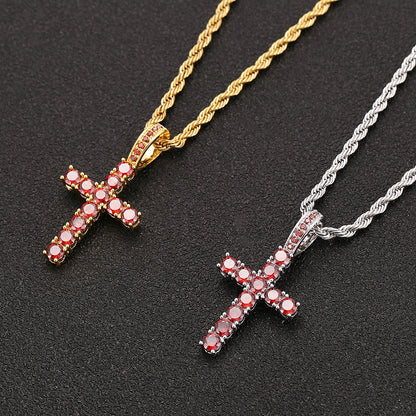 18K Gold Iced Out Diamond Cross Pendant with Red Zircon