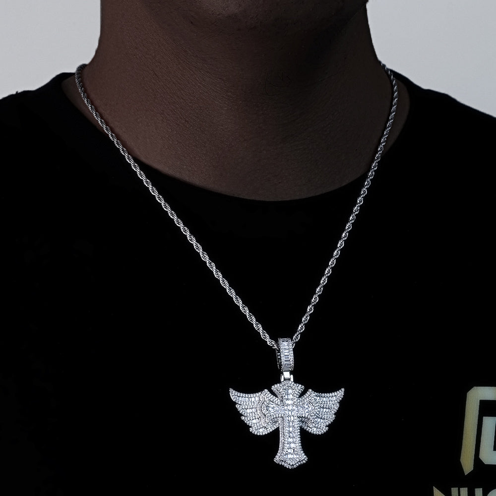 Iced Out Cross Pendant with Angel Wings Micro Pave CZ