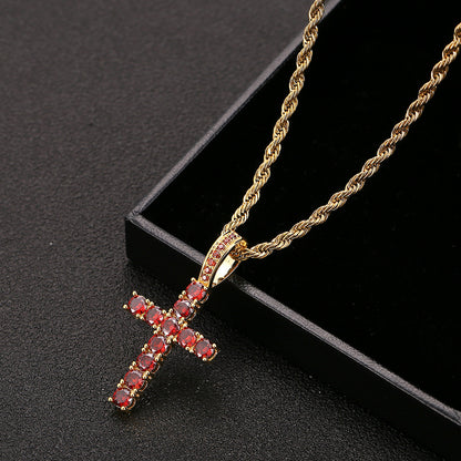 18K Gold Iced Out Diamond Cross Pendant with Red Zircon