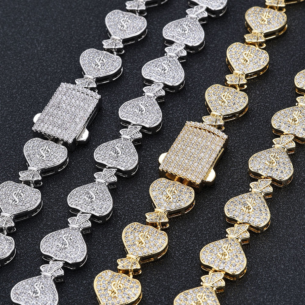 Iced Out Money Bag Chain Necklace White Gold Plated