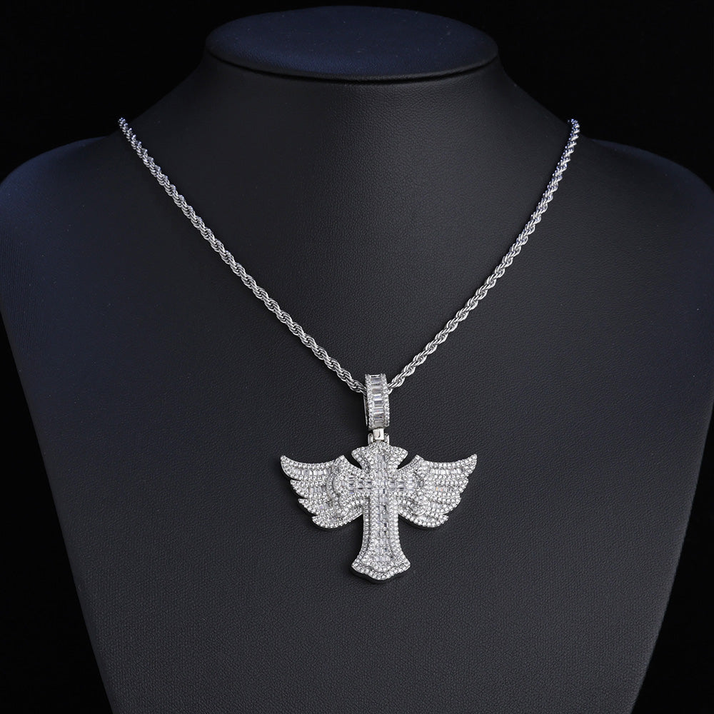 Iced Out Cross Pendant with Angel Wings Micro Pave CZ