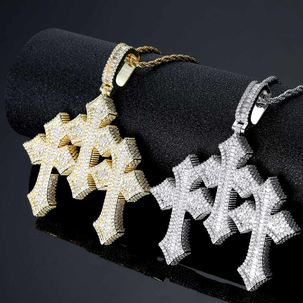 Iced Out Crystal Custom Three Cross Pendant Big Size Baguette Diamond Charm