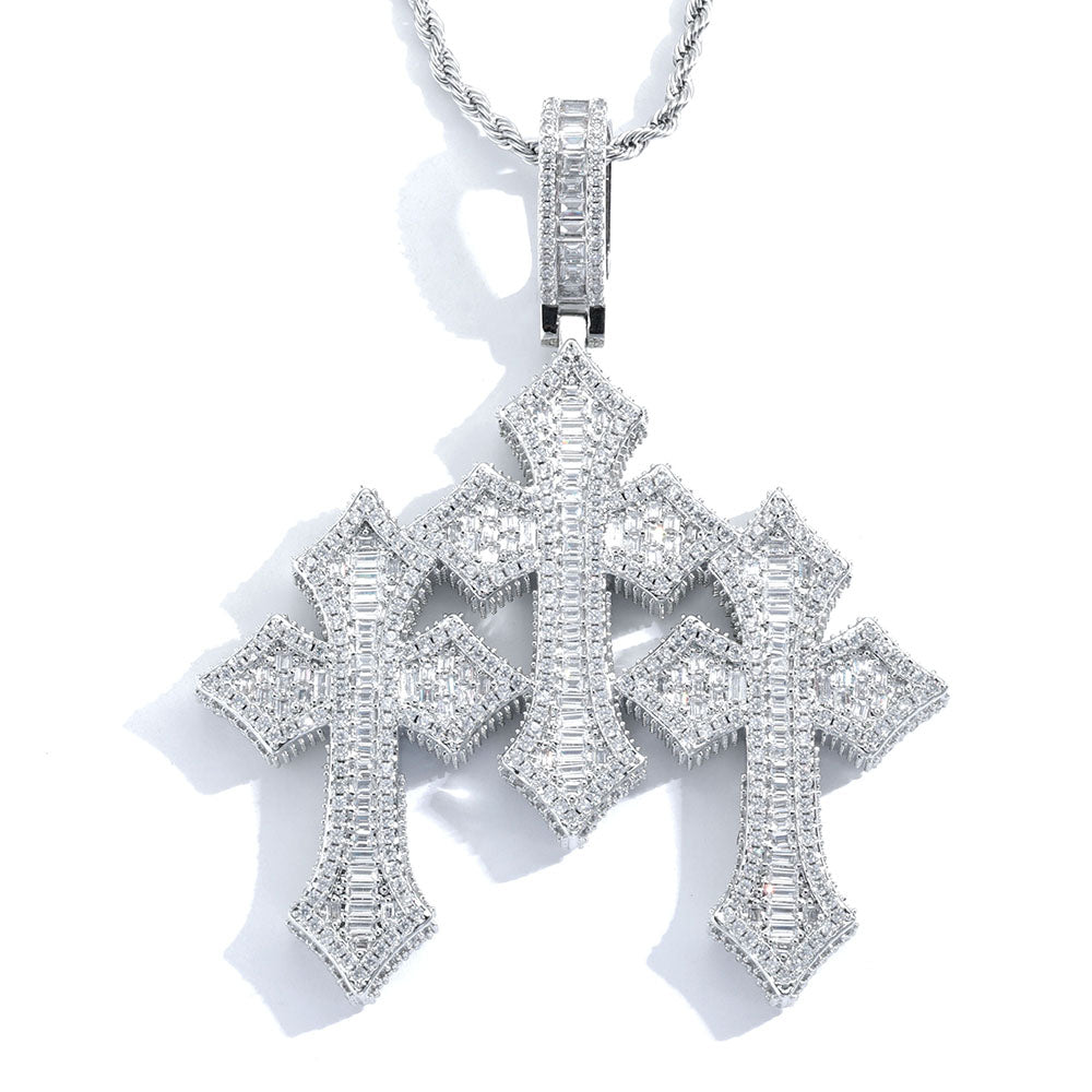 Iced Out Crystal Custom Three Cross Pendant Big Size Baguette Diamond Charm