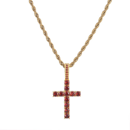 18K Gold Iced Out Diamond Cross Pendant with Red Zircon