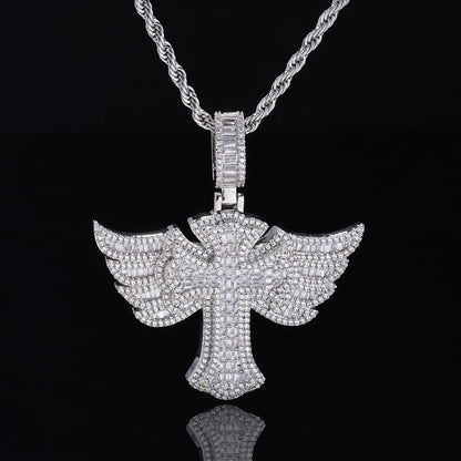 Iced Out Cross Pendant with Angel Wings Micro Pave CZ