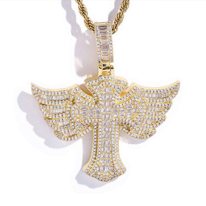 Iced Out Cross Pendant with Angel Wings Micro Pave CZ