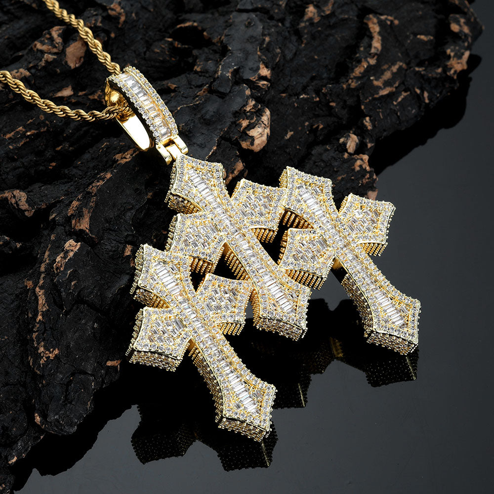 Iced Out Crystal Custom Three Cross Pendant Big Size Baguette Diamond Charm