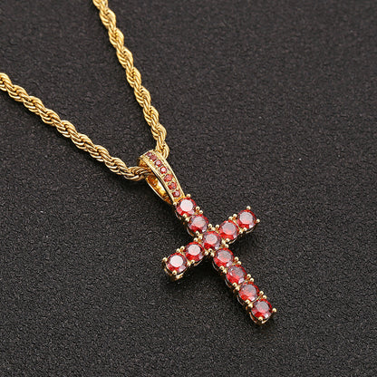 18K Gold Iced Out Diamond Cross Pendant with Red Zircon