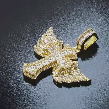 Iced Out Cross Pendant with Angel Wings Micro Pave CZ