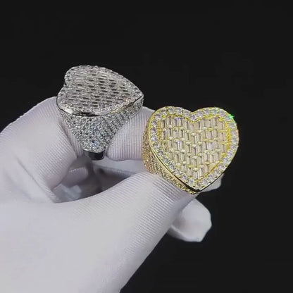 Iced Out Baguette Heart Ring with CZ Stones