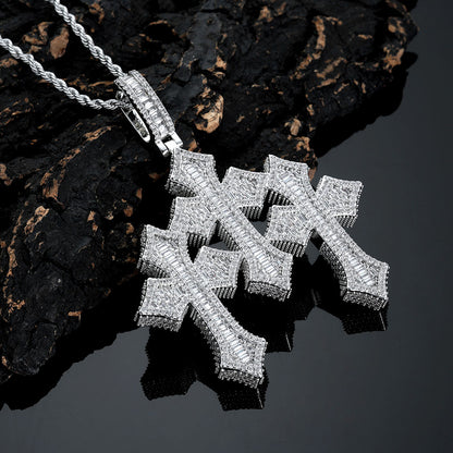 Iced Out Crystal Custom Three Cross Pendant Big Size Baguette Diamond Charm