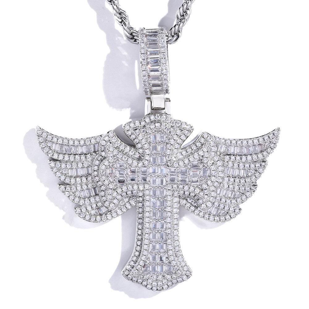 Iced Out Cross Pendant with Angel Wings Micro Pave CZ