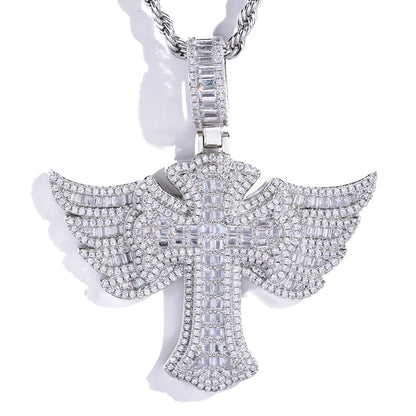 Iced Out Cross Pendant with Angel Wings Micro Pave CZ