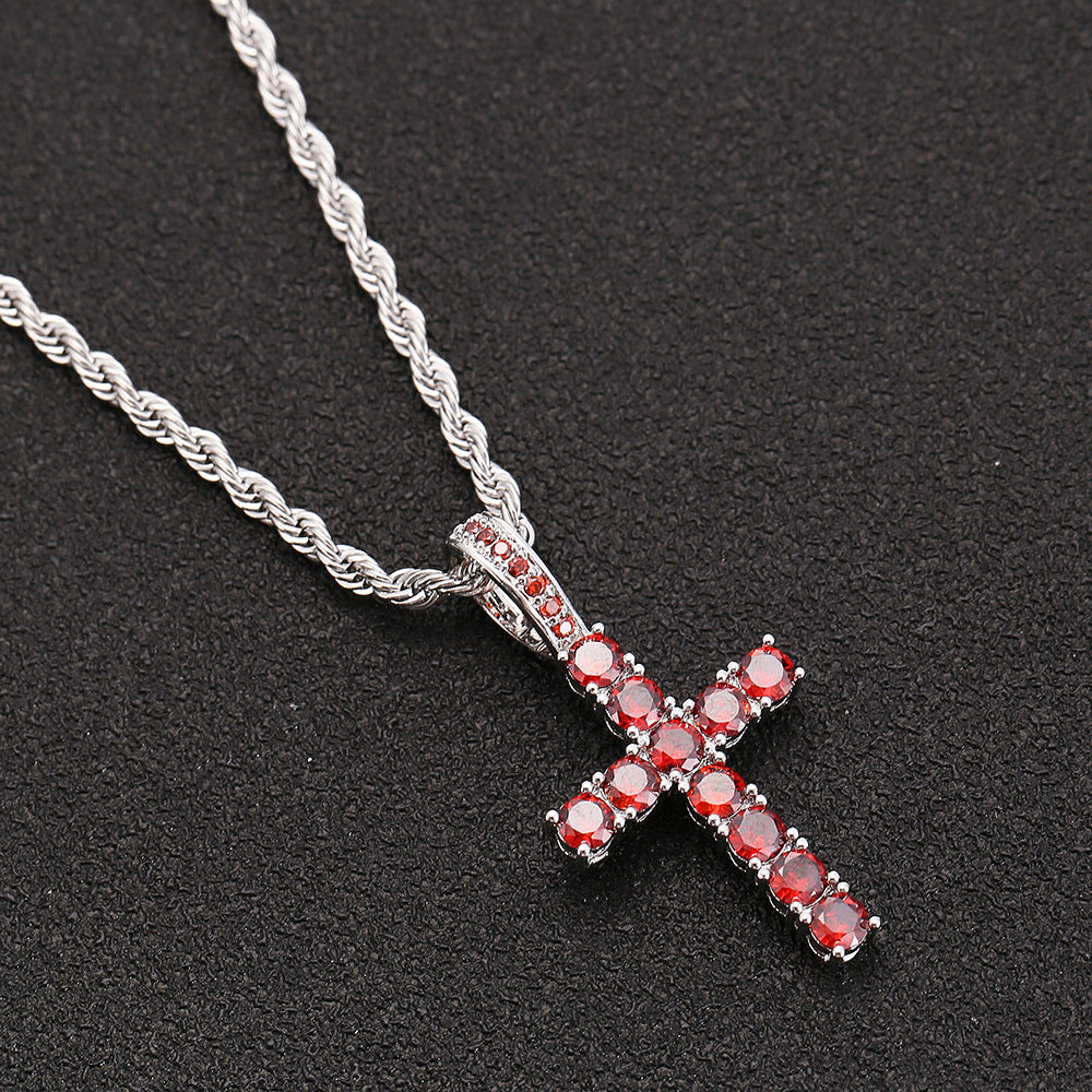 18K Gold Iced Out Diamond Cross Pendant with Red Zircon